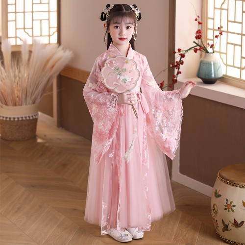 Children pink Hanfu fairy empress performance dresses tang han ming qing traditional costumes for girls chinese ancient traditional classical dance dresses 